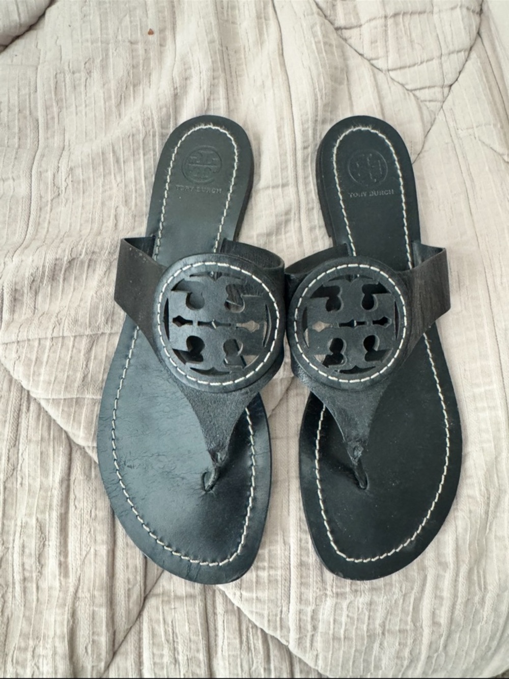 Tory Burch Black Leather Louisa Thong Sandals